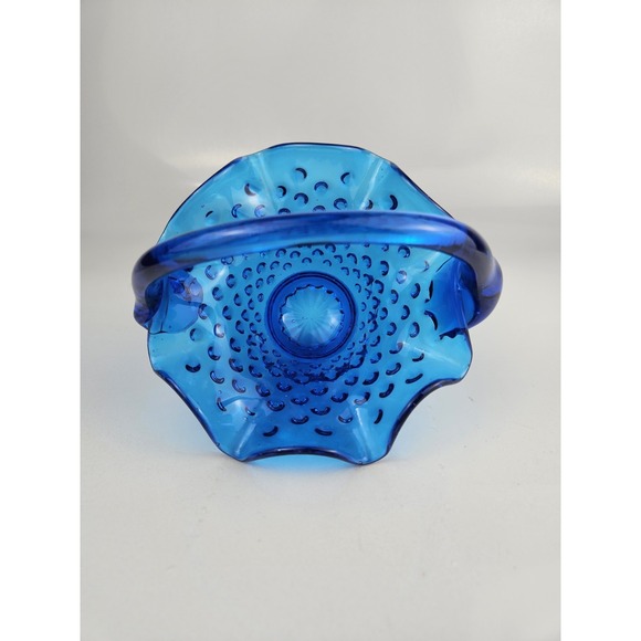 Basket Blue Hobnail Art Glass w/Ruffled Edge Candy Dish - Picture 4 of 5